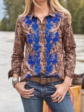 Sundance Embroidered Brown Floral Button-Up Shirt with Blue Accents